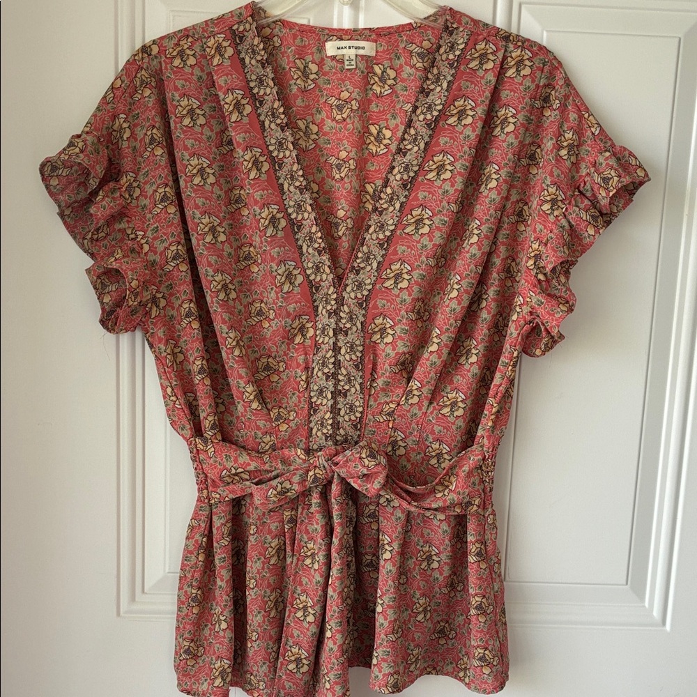 Max Studio Rose Floral Tie-Front V-Neck Blouse